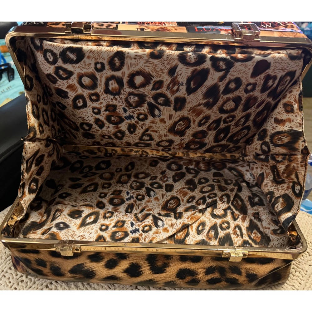 Le Miel Pasiion Leopard Magazine Print Satchel Bag Gold Frame Bottom Compartment - Picture 10 of 16